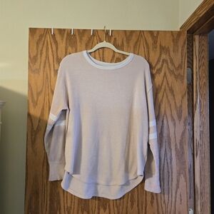 SO Light Pink Waffle Knit Crewneck Sweater with White Stripe Detail